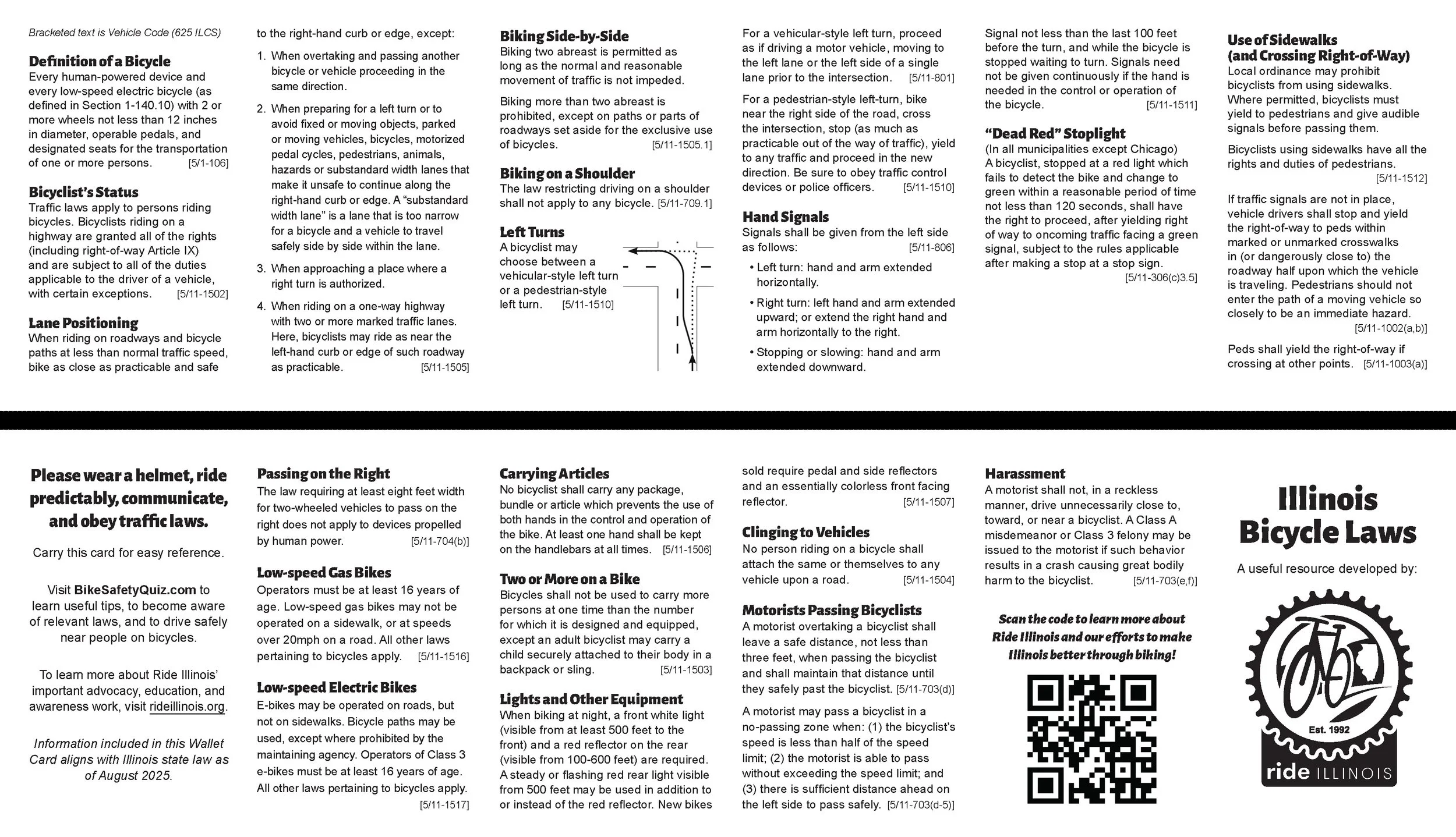 A zoomed out image of the full spread of Ride Illinois Bike Law Wallet Card