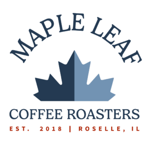Logo for Maple Leaf Coffee Roasters featuring a stylized maple leaf and text about the business.