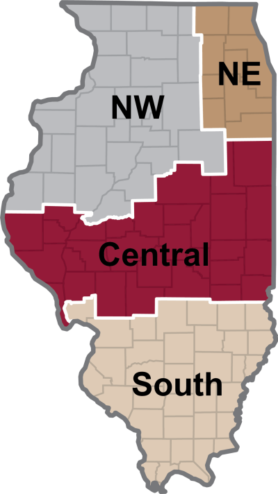 Map of Illinois broken up into 4 regions: NW, NE, Central, & South.