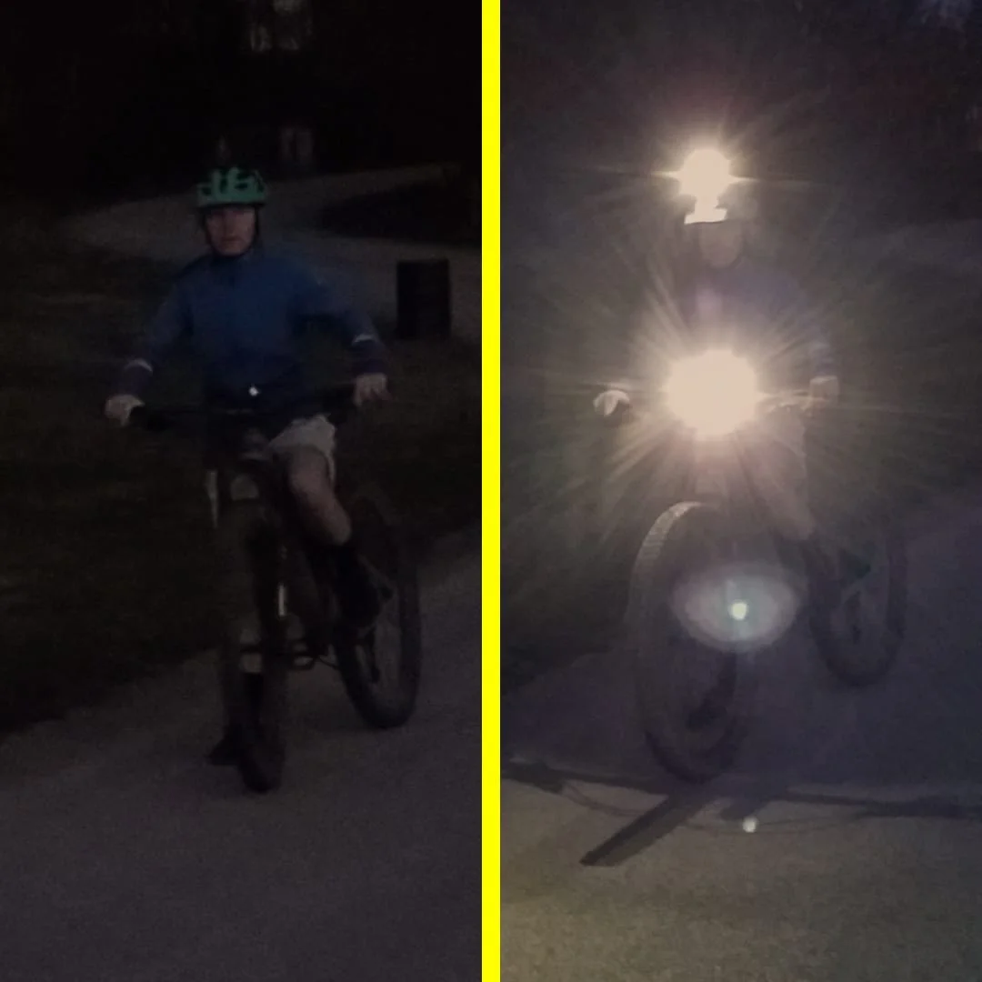A side by side image of a bicyclist on their bike pictured in the dark.  The left image it is hard to see the bicyclist, the right image they are seen with a headlight and helmet light and is clear to see
