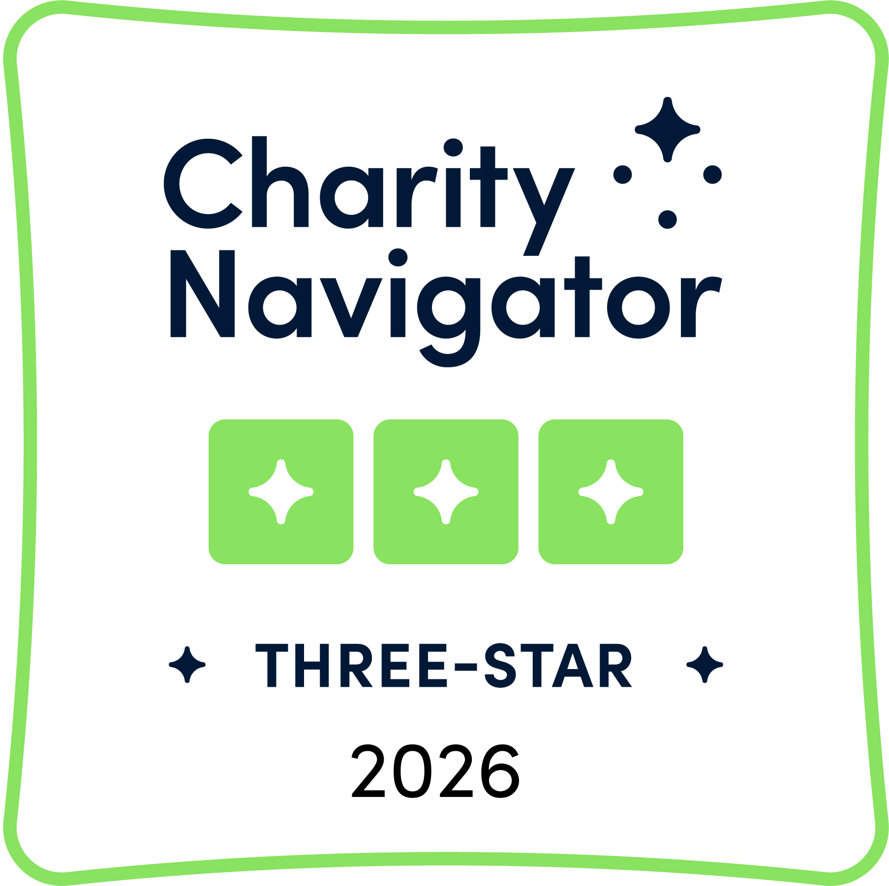 A badge for the Charity Navigator Three-Star 2026 award, featuring three green star icons and decorative stars.