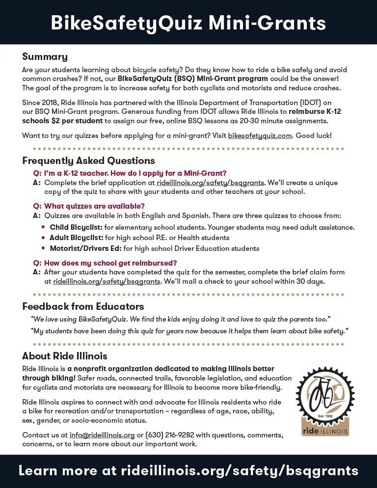 Image of Ride Illinois' BikeSafetyQuiz Mini-Grant Summary sheet