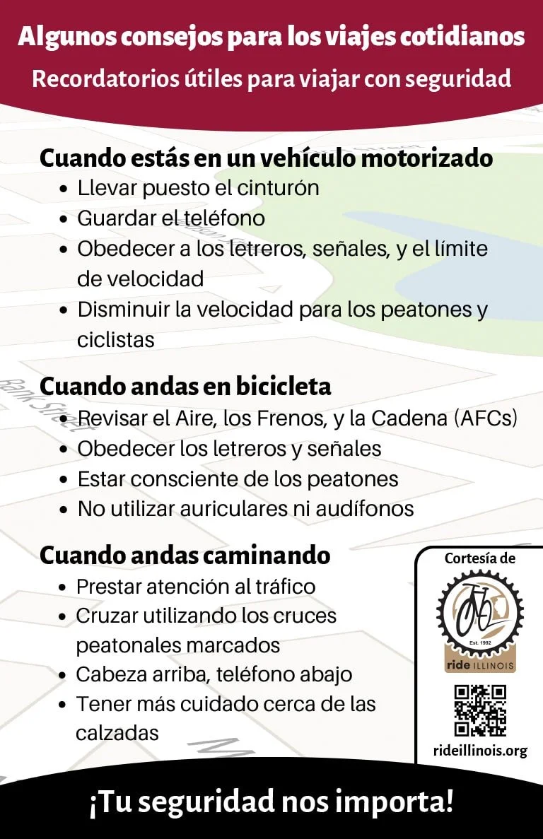 Image of Ride Illinois' Spanish version of Tips for Everyday Trips flyer, outlining many tips under the categories: "When driving a motor vehicle", "When riding a bike", and "When on foot".