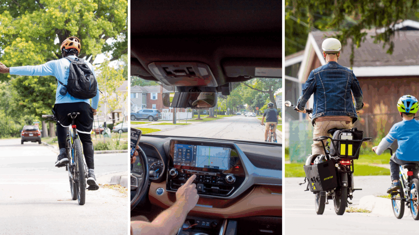 Three scenes of people riding bicycles in a neighborhood; the second scene shows a person using a GPS navigation system in a car.
