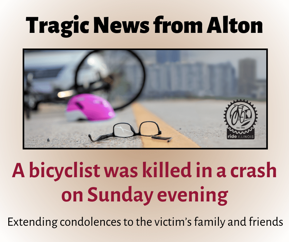 Image showing broken glasses with a helmet, overturned bike, and car in the background.  Text around the image states "Tragic News from Alton" with a brief description and condolences.