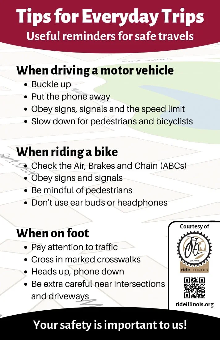 Image of Ride Illinois' Tips for Everyday Trips flyer, outlining many tips under the categories: "When driving a motor vehicle", "When riding a bike", and "When on foot".