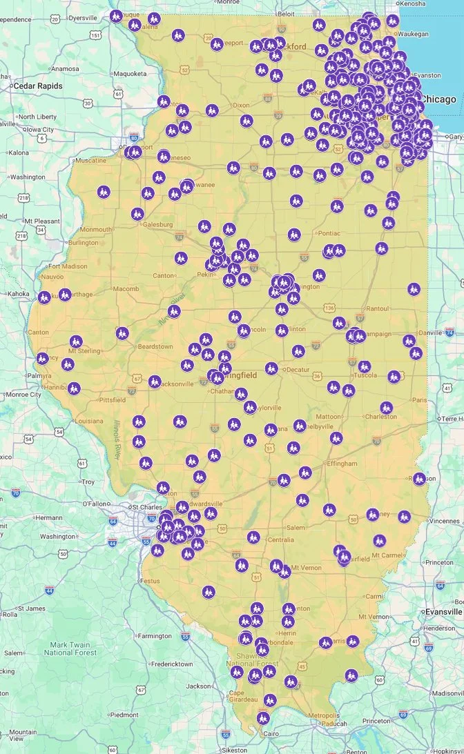 Map of Illinois showing locations of camping sites or parks.