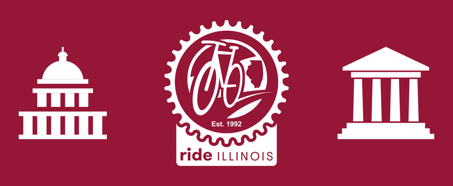Red banner with Ride Illinois logo in the center and two icons of historic buildings on either side