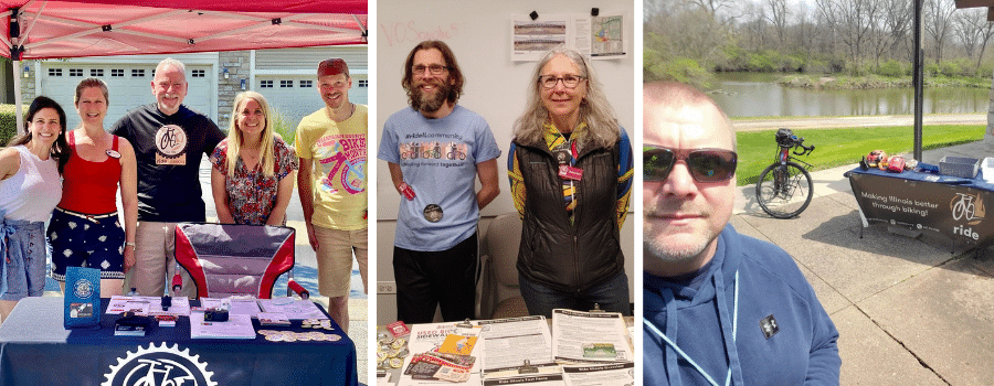 Image collage of three images.  First image depicts 5 individuals in front of a table with brochures and other educational hand outs, the second image a man and woman in front of a table with flyers, the third image a man taking a selfie with a bike