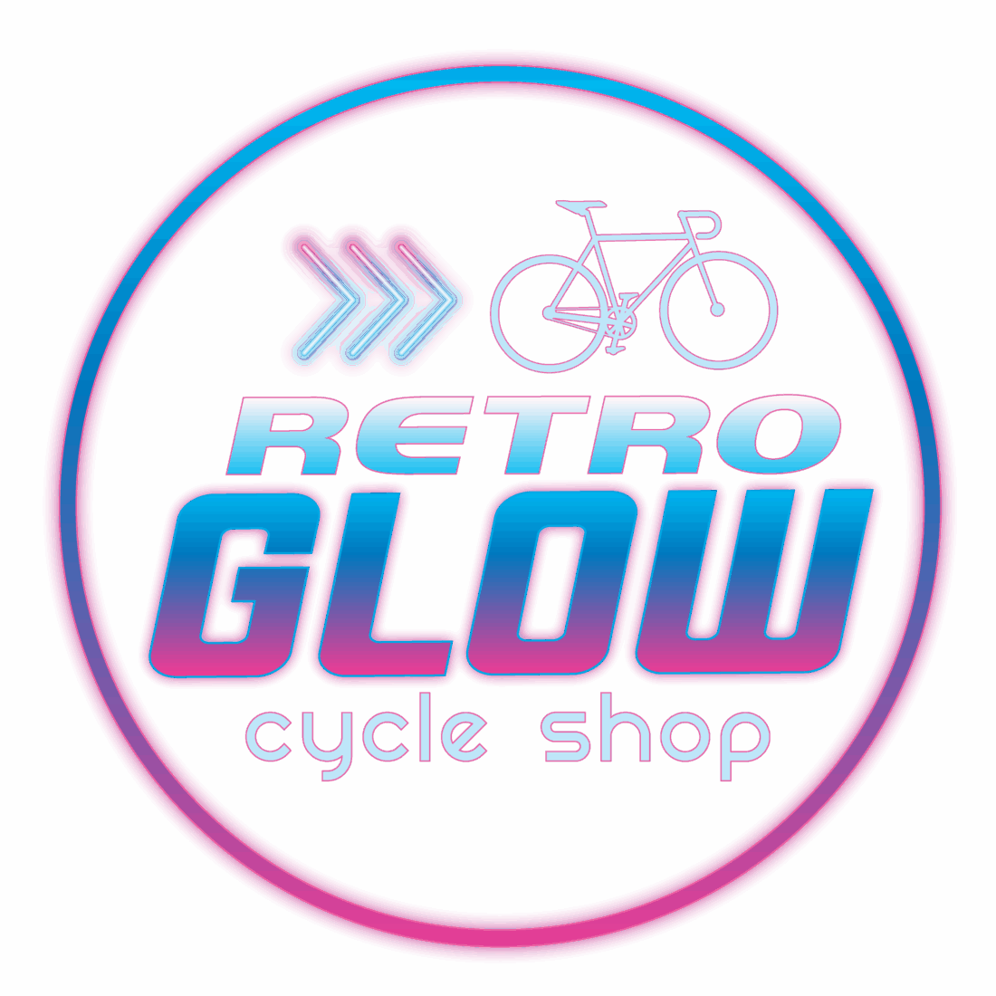 A neon sign for Retro Glow Cycle Shop with a bicycle icon and three arrows pointing right, set against a pink background.