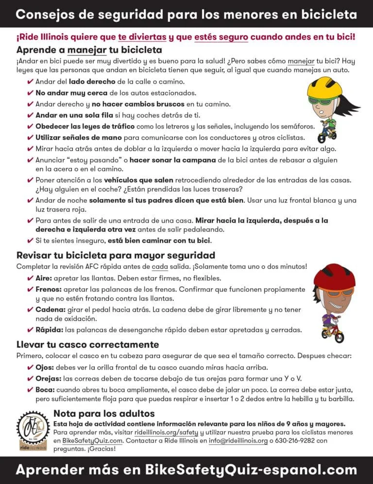 Image of Ride Illinois' Spanish version of the Youth Bike Safety Tips, outlining many tips under the categories: "Aprende a manejar tu bicicleta", "Revisar tu bicicleta para mayor seguridad", and "Llevar tu casco correctamente".