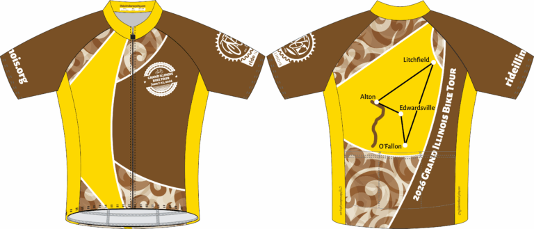 The front and back a yellow and brown bike jersey.  The front pictures the Grand Illinois Bike Tour logo along with abstract brown and yellow shapes.  The back features a map of the rides route along with the text "2026 Grand Illinois Bike Tour".