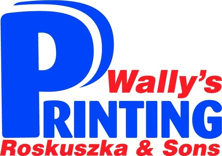 Logo for Wally's Printing featuring large blue 'P' and text in red and blue.