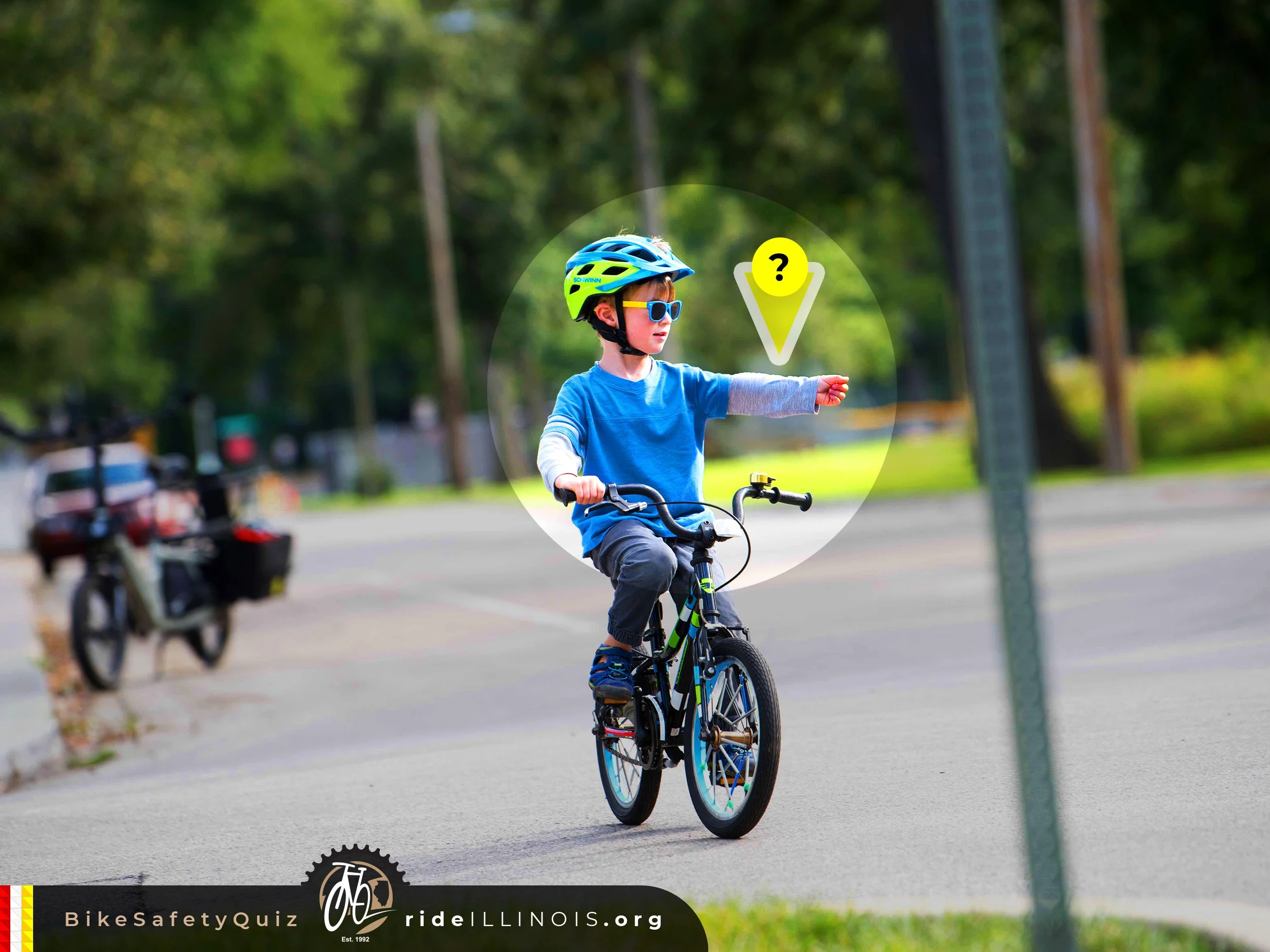 Young boy pictured on his bike with a helmet on signaling a left hand turn with his arm out.  He is highlighted with a bright circle and yellow triangle labeled "?" pointing at his extended arm.
