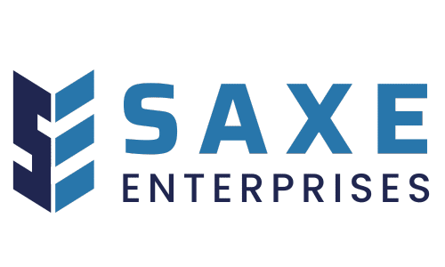 Saxe Enterprises logo with a stylized blue and dark blue emblem next to the company name in blue text