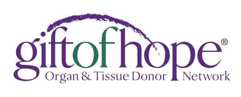 Gift of Hope logo with purple and green text and a circular brushstroke design.