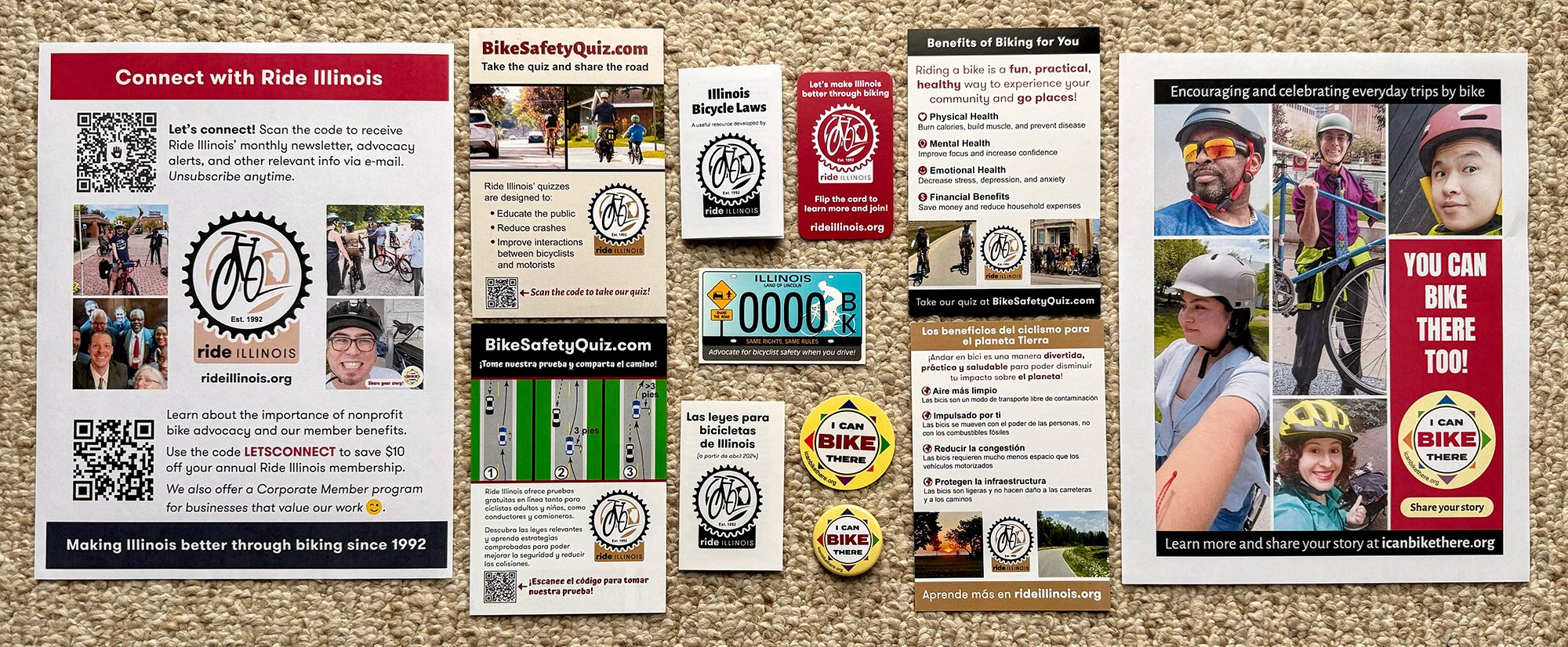 Banner image showing a spread of Ride Illinois' education and promotional materials.