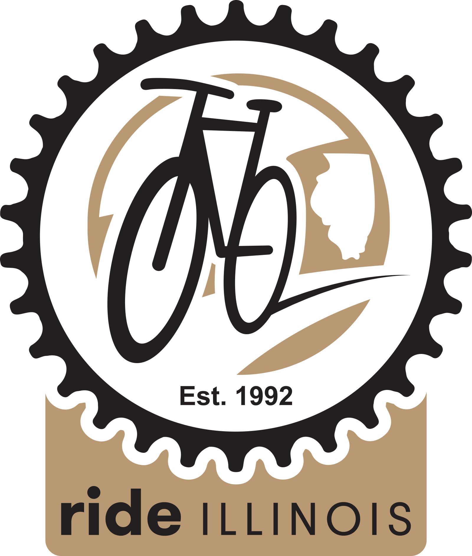 Logo for Ride Illinois featuring a bicycle with Illinois map outline and a circular gear design, established 1992, with the text 'ride Illinois' at the bottom.