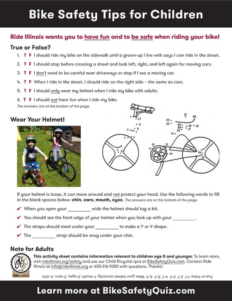 An image of Ride Illinois' Bike Safety Tips for Children including True or False Questions and additional graphics and questions.