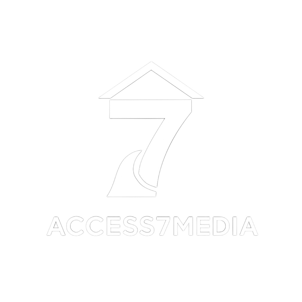 Logo for Access7Media with a stylized number 7 incorporating a waterfall and a house/roof design, with the company name below.