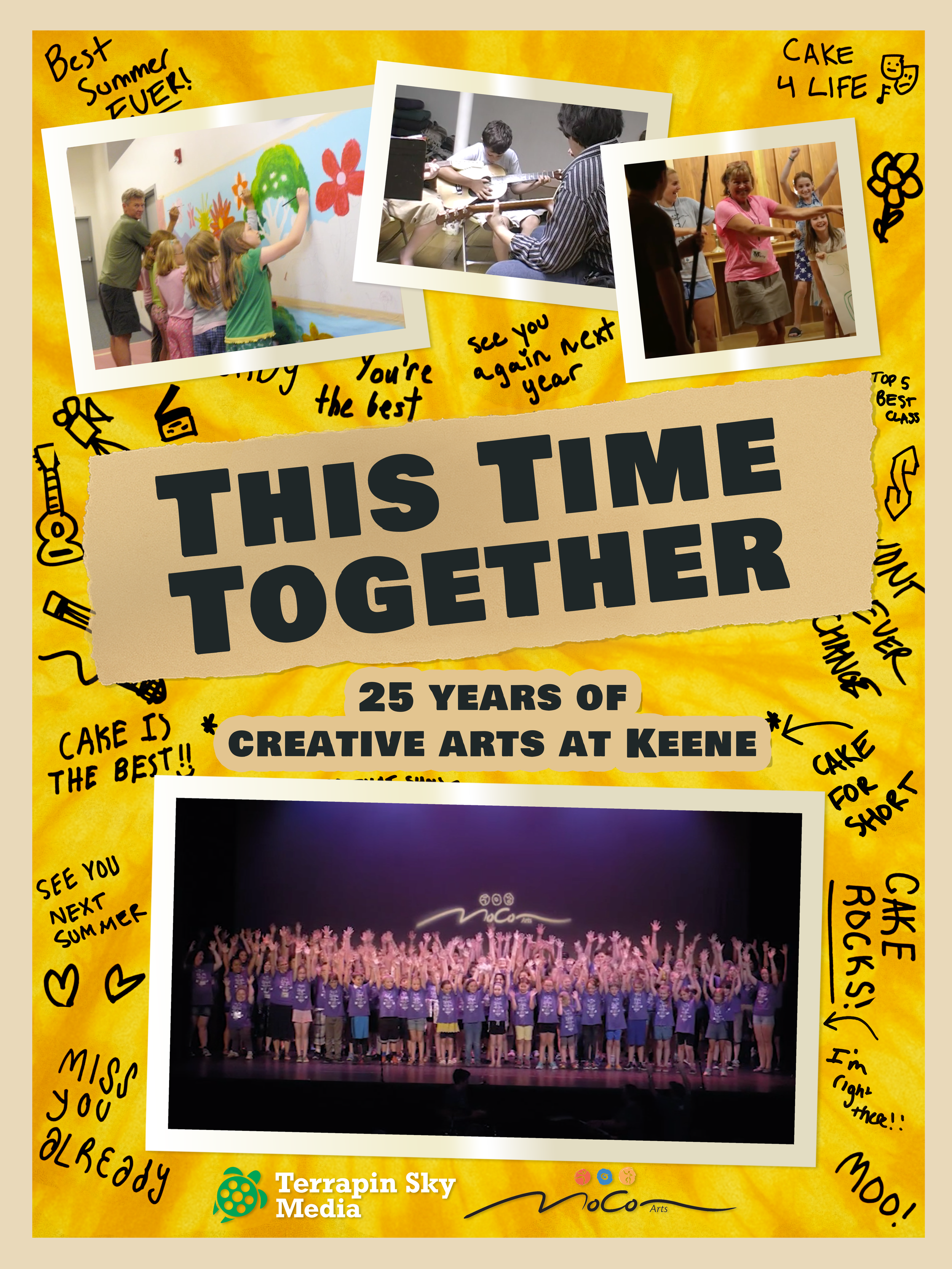 A colorful collage celebrating 25 years of creative arts at Keene, featuring photos of children engaging in painting, music lessons, dance, and a large group performance on stage, with handwritten notes and drawings surrounding the images.