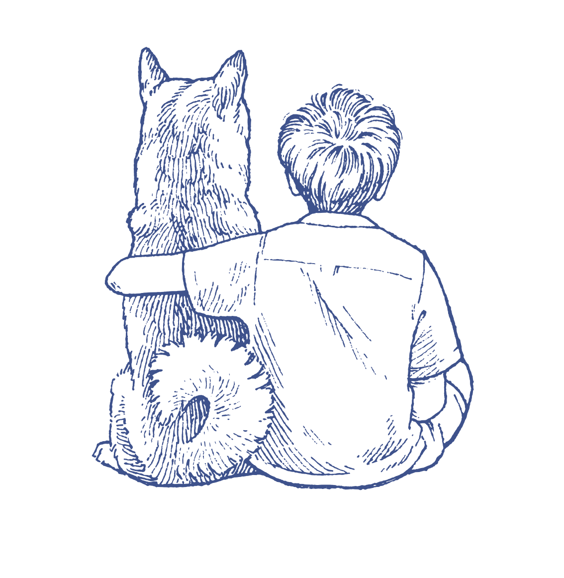 Line drawing of a person with short hair and a dog sitting together, the person has their arms around the dog, both facing away.