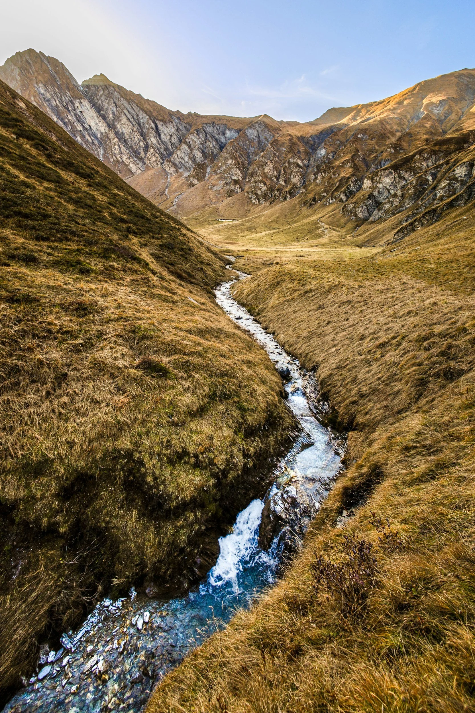 A river flowing steadily through a mountain landscape, symbolizing emotional regulation, grounding, and steady movement through life challenges.