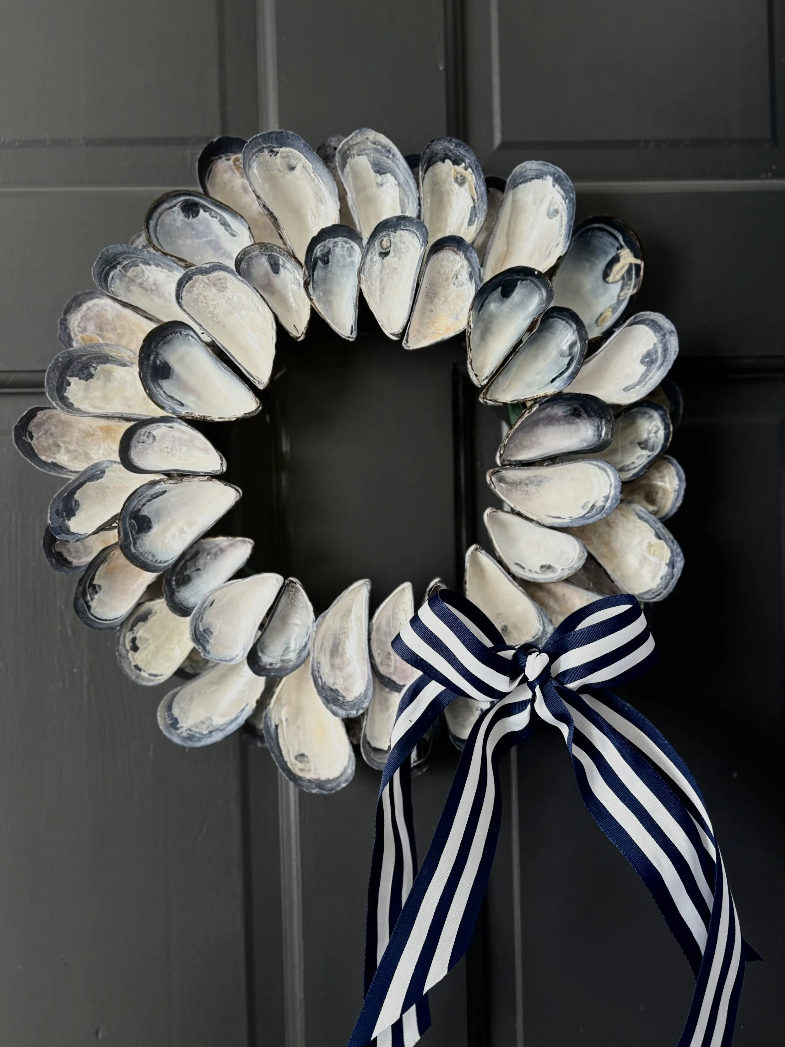 Mussel Shell Wreath with Blue and White Ribbon