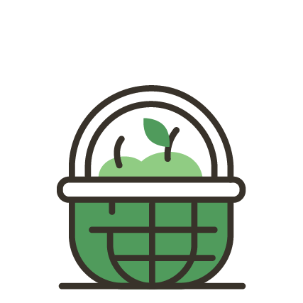 Cartoon illustration of a green apple in a basket with a handle and leaves.