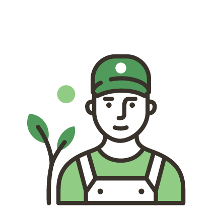 Simple illustration of a person wearing a baseball cap and overalls, next to a plant.