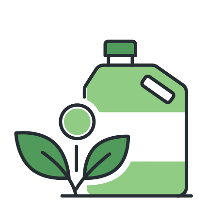Illustration of a green plant growing next to a large green and black bottle.
