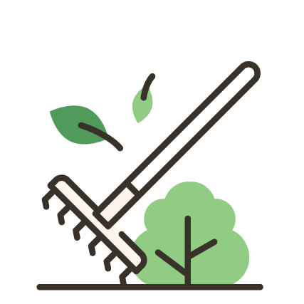 Gardening tools and plants, including a rake, a small plant, and a bush, on a black background.