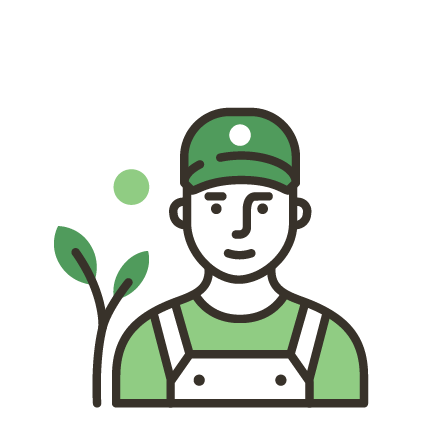 Line drawing of a person wearing a cap and overalls, with a plant nearby.