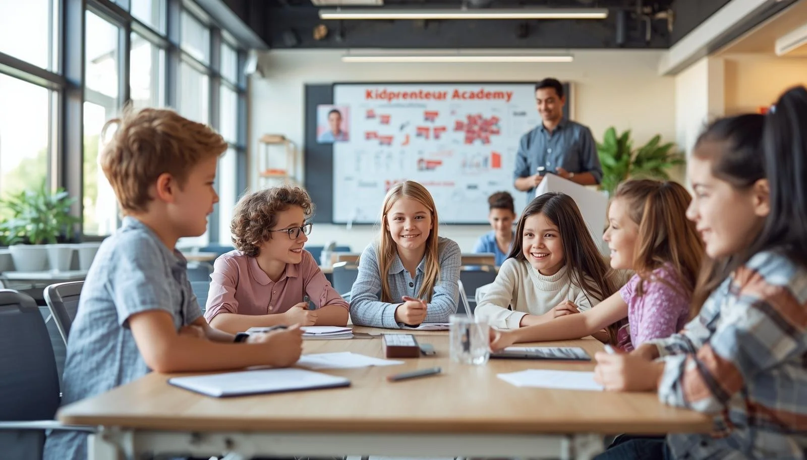 A classroom with young students sitting around a table, smiling, while a teacher stands at the front near a whiteboard with a project titled 'Kidpreneur Academy'.