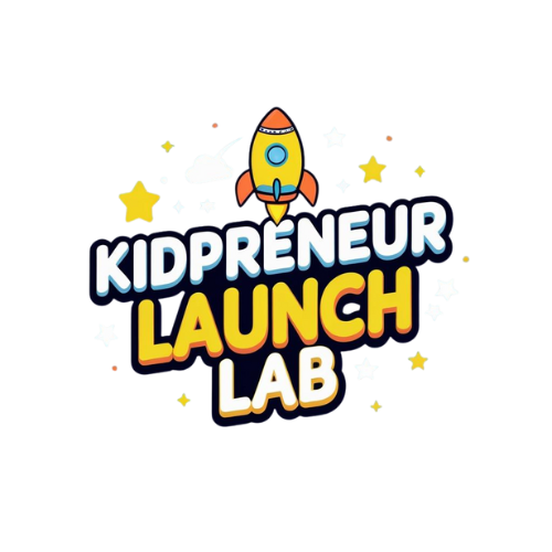 Logo for Kidpreneur Launch Lab featuring a rocket above the text 'Kidpreneur Launch Lab' with colorful stars and cityscape background.