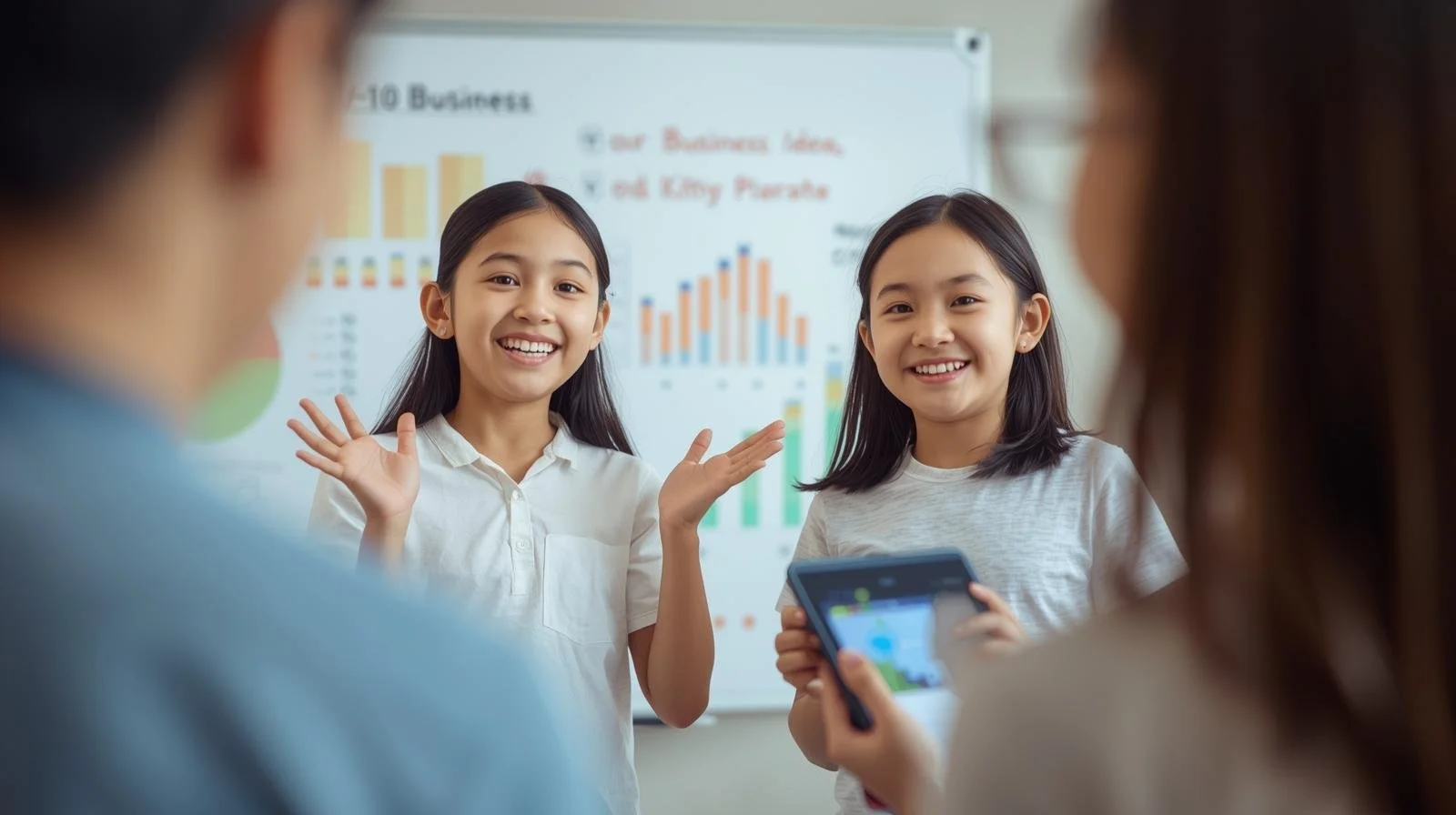 Two young girls with dark hair and white shirts smiling and presenting in front of a whiteboard with bar graphs and charts, while two adults record the presentation with a smartphone.