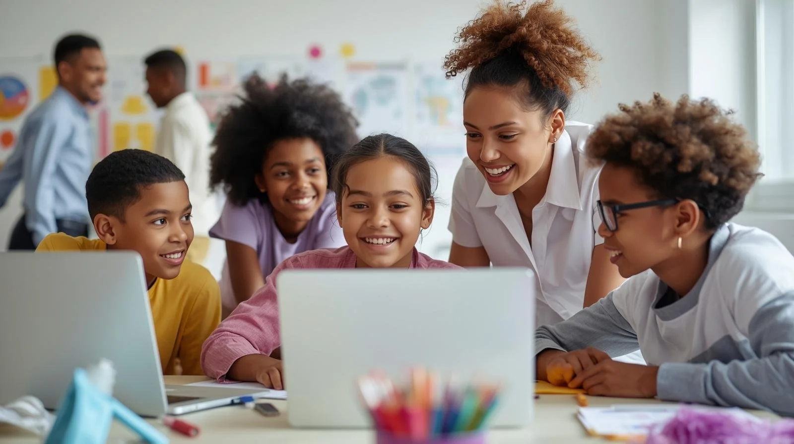 A diverse group of children and a teacher gathered around a laptop in a classroom, smiling while looking at the screen.