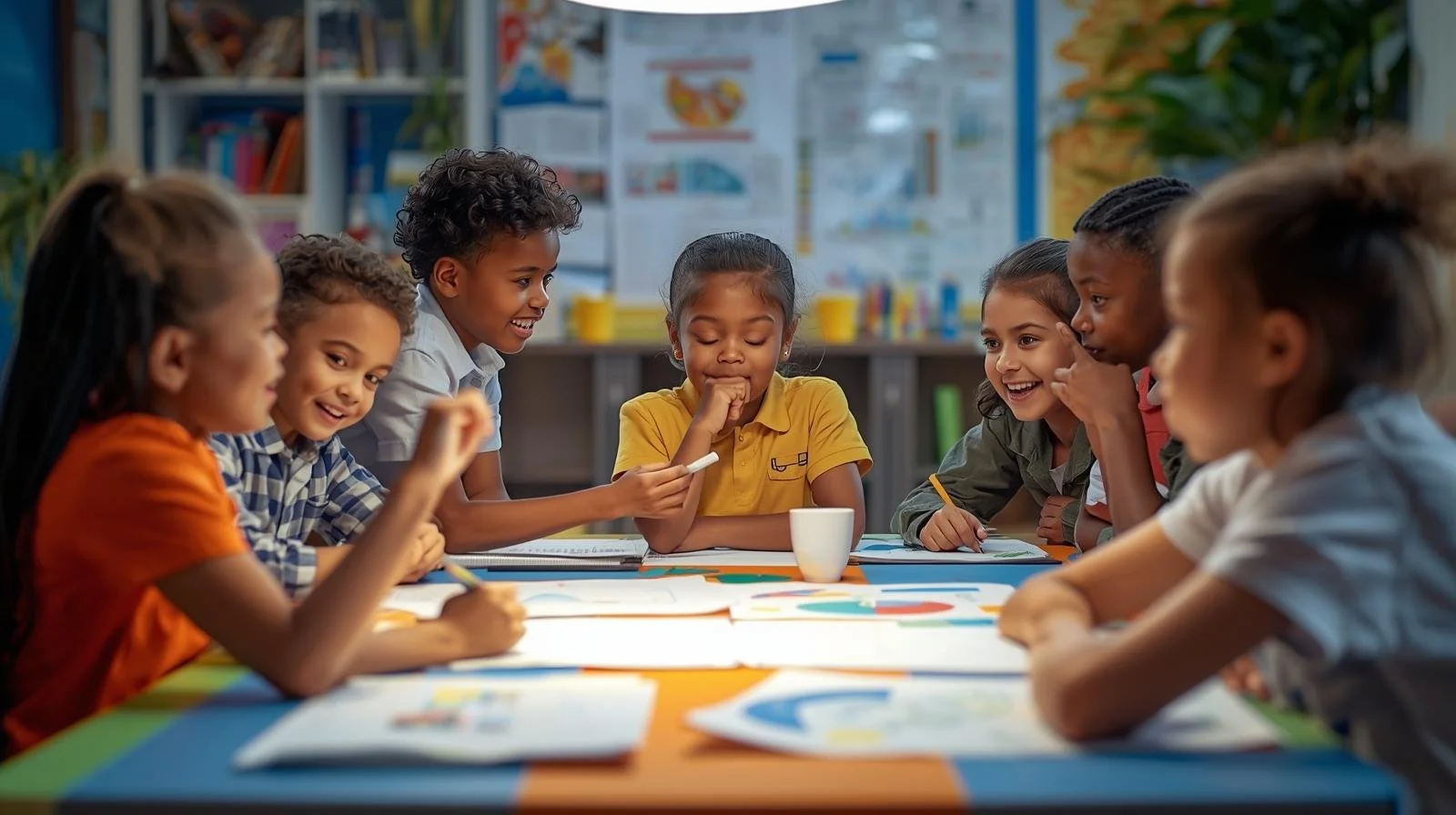 A group of children sitting around a table in a classroom, engaging in a group activity and enjoying each other's company.