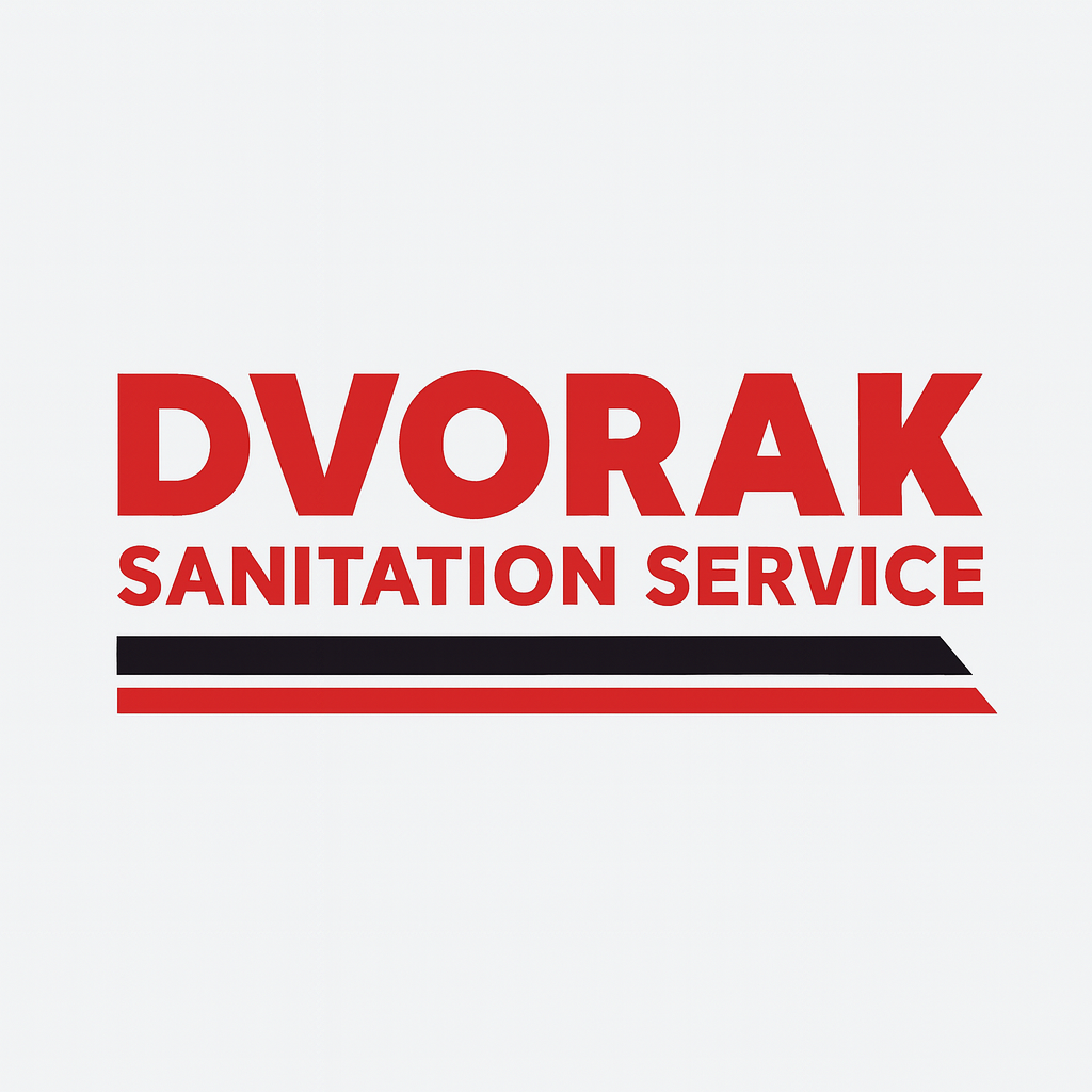 Logo for Dvorak Sanitation Service with red and black text and lines on a white background.