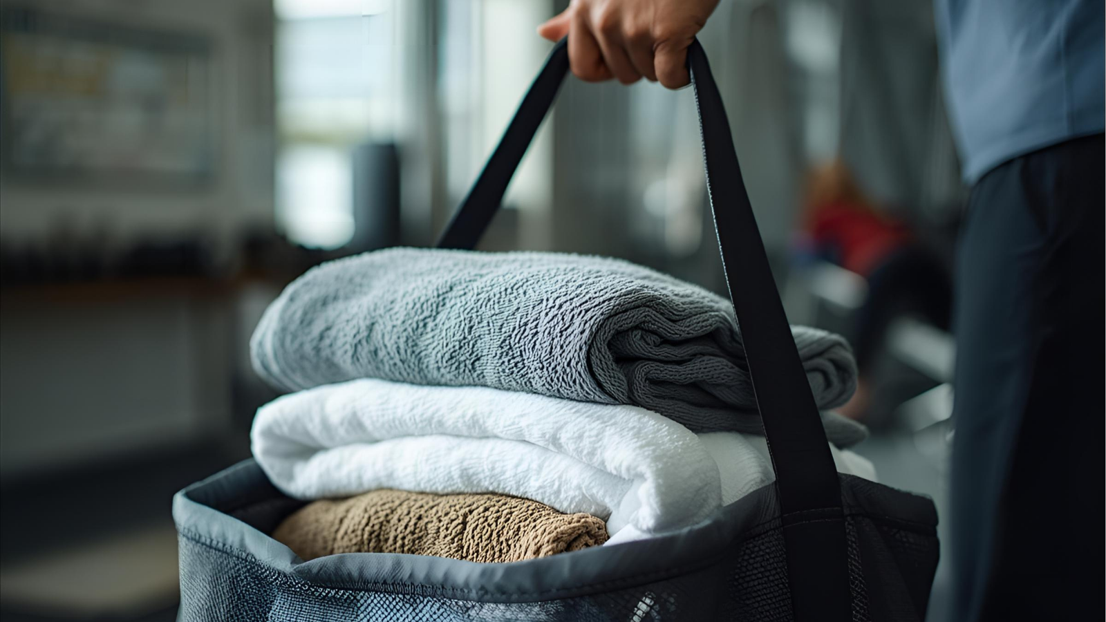 A person holding a black tote bag filled with neatly folded towels in various colors.