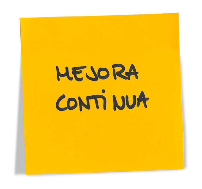 Nota adhesiva amarilla con la frase "Mejoras contnuas" escrita en letra negra