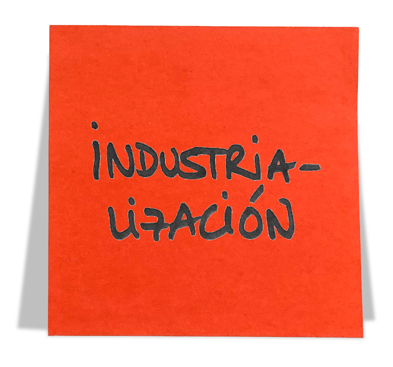 Cuadro con fondo naranja y texto a mano que dice 'Industria - utilización' en letras negras.