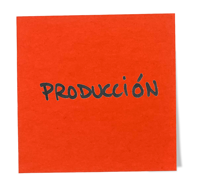 Tarjeta de color naranja con la palabra 'Producción' escrita en letras negras.