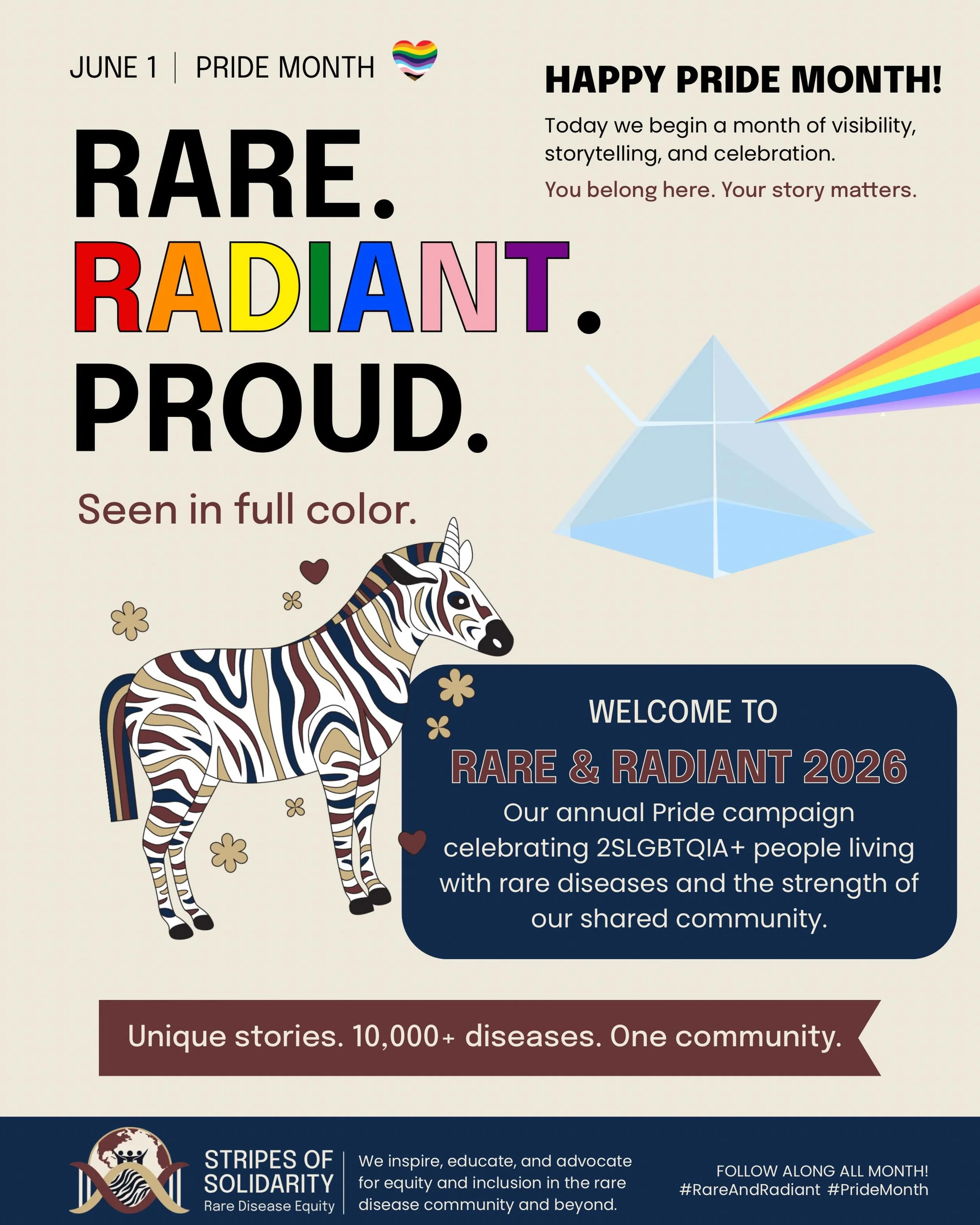 🌈 RARE. RADIANT. PROUD.

Today, we begin another Pride Month, and another year of Rare &amp; Radiant.

At Stripes of Solidarity, we believe people should never have to choose between their identities. We are patients, advocates, caregivers, professi