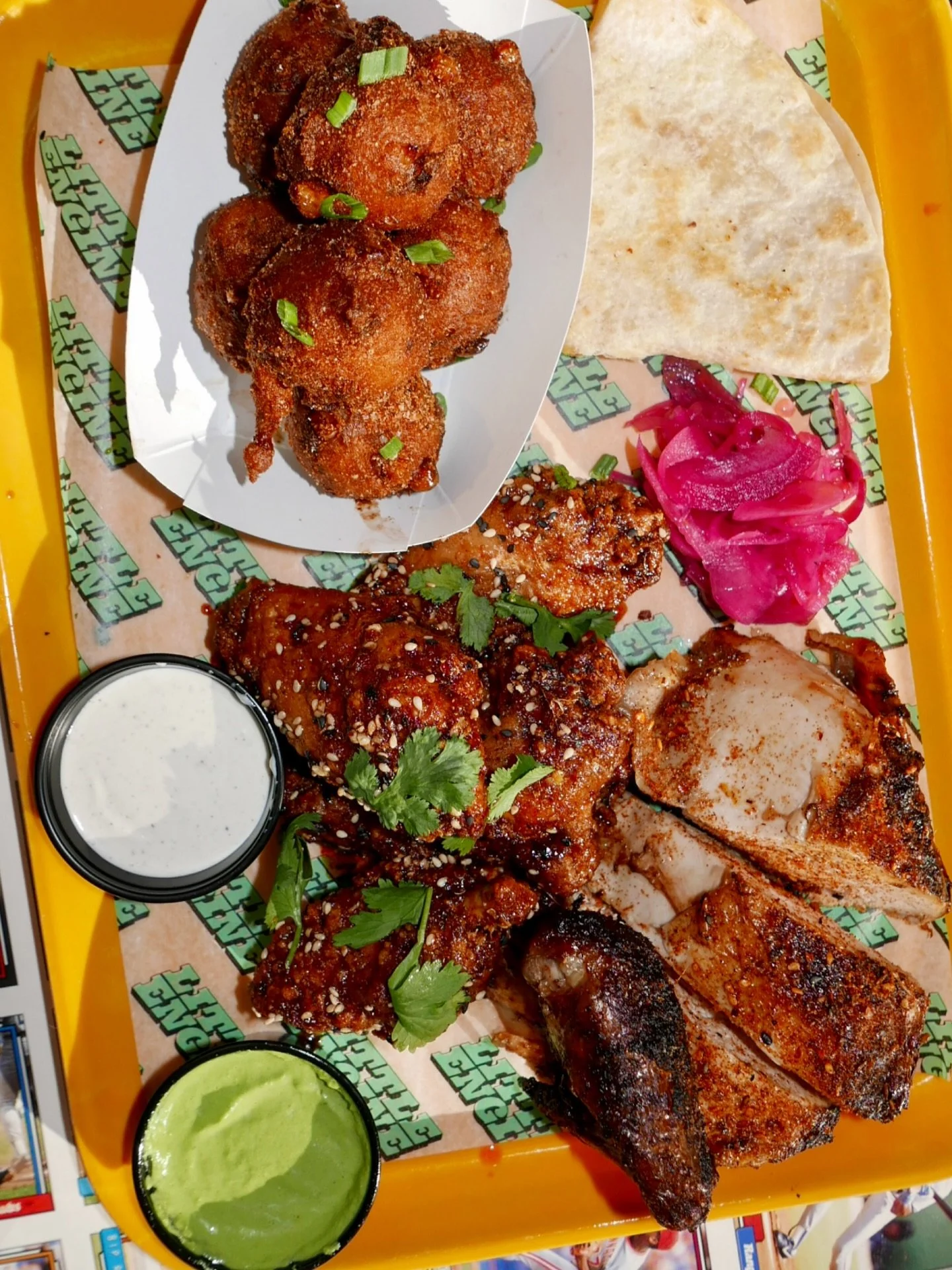 🚛The 4x4🚛 The best of both worlds. Here we have &frac14; slow roasted #salsamacha crunch chicken + 4 sticky #sichuan wings + hush puppies. But you can sauce things up + get down on w/e side you liiiiiike. Always accompanied by a grilled flour torti