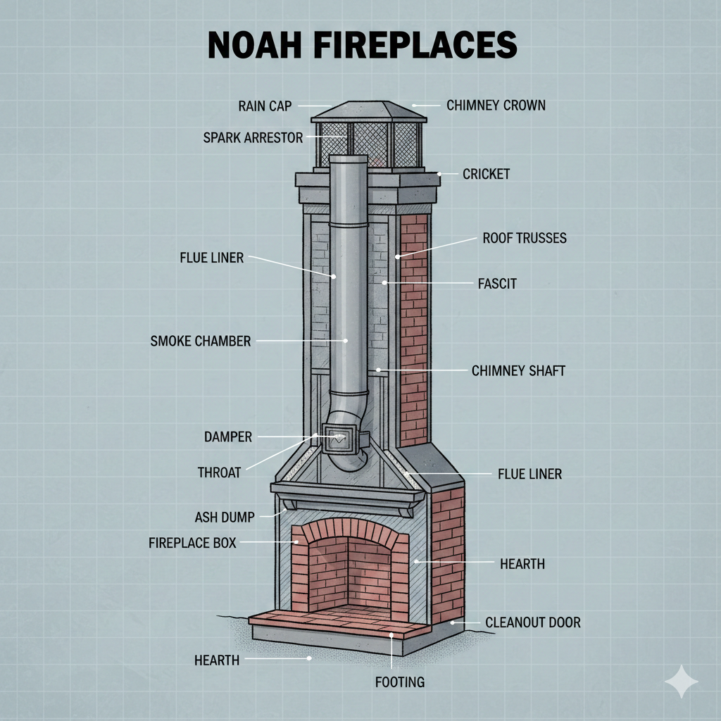 Noah fireplace showing components labeled, including chimney crown, rain cap, spark arrestor, chimney shaft, flue liner, smoke chamber, damper, throat, ash dump, fireplace box, hearth, cleanout door, footings, chimney trusses, fascit, roof trusses, and brickwork in a cross-section style