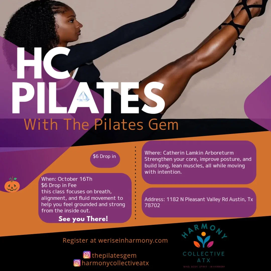 Flyer advertising a Pilates class with core strengthening, held at Cather in Lamkin Arboretum in Austin, Texas, on October 16th, with details about price, location, and registration.