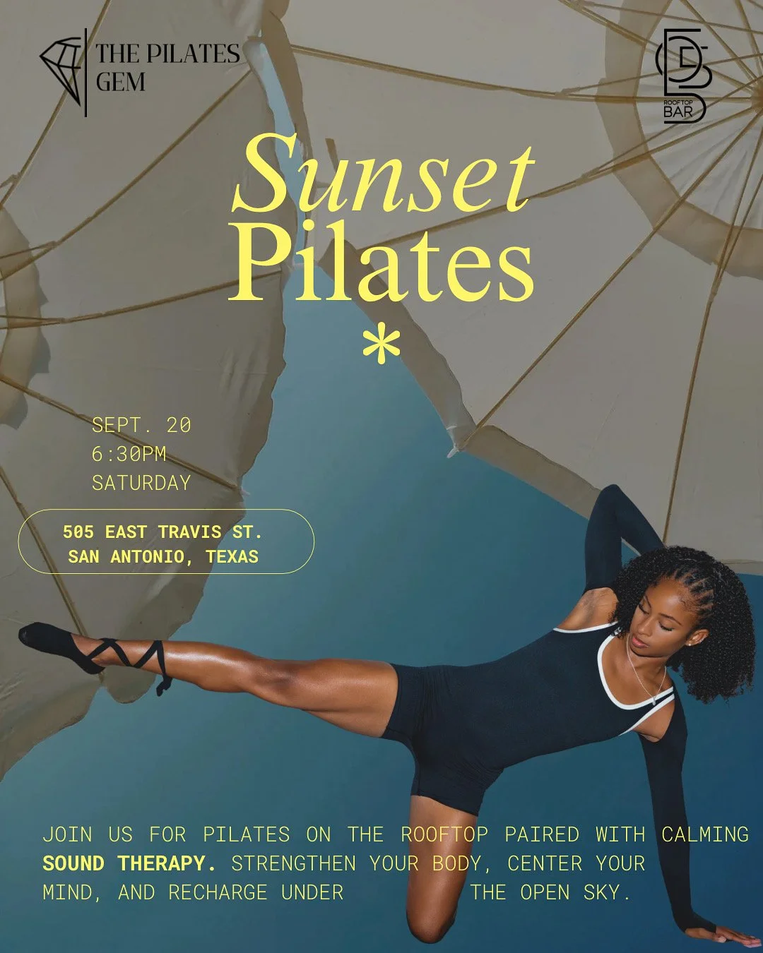 Event poster for Sunset Pilates on September 20th at 6:30 PM in San Antonio, Texas. The poster features a woman doing a pilates pose under beige umbrellas, with text describing the event and location details.