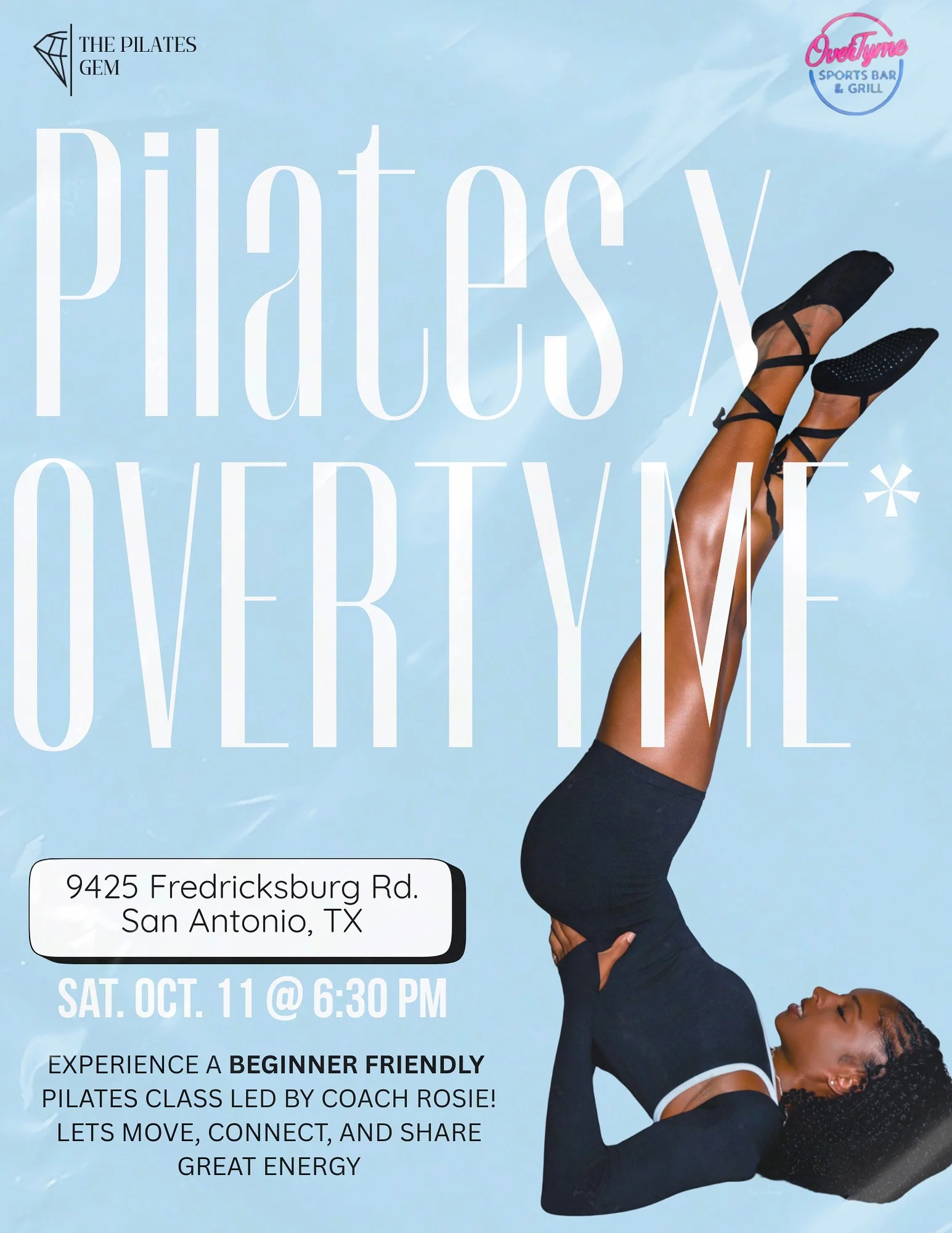 A flyer for a Pilates event features a woman in a pose wearing black athletic wear and shoes, set against a light blue background. The flyer includes text with event details such as date, location, time, and description of the Pilates class led by Coach Rosie.