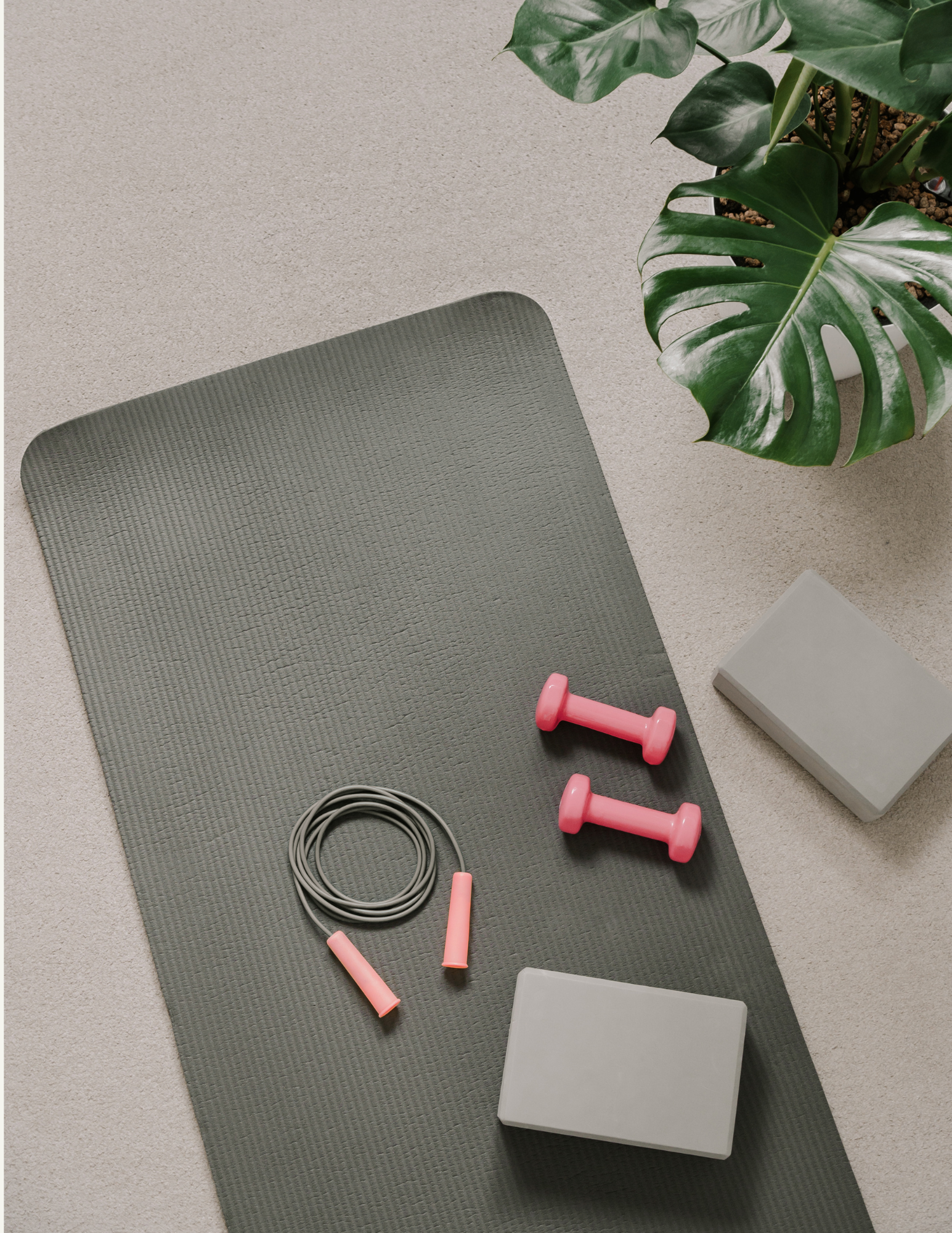 A Pilates mat with pink dumbbells, a jump rope, gray blocks, and a potted plant on a beige floor.